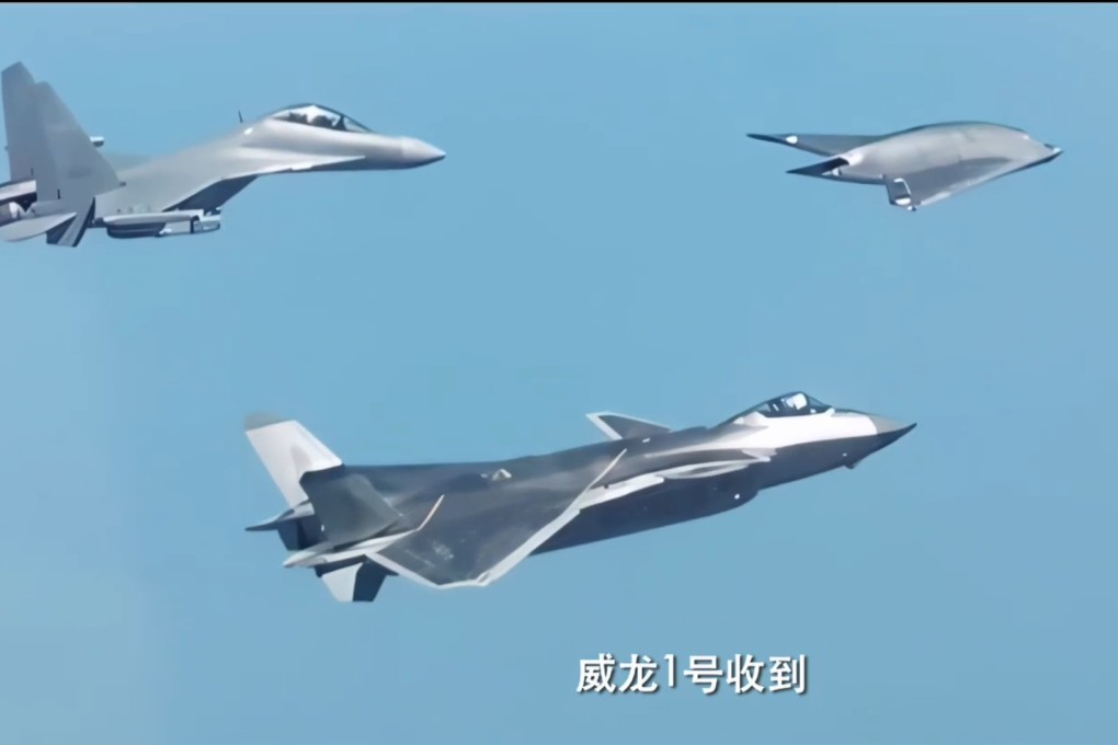 China’s PLA Air Force has released video footage of its stealth attack drone GJ-11 flying alongside and linking with its J-20 fighter jet. Photo: Weibo/人民空軍