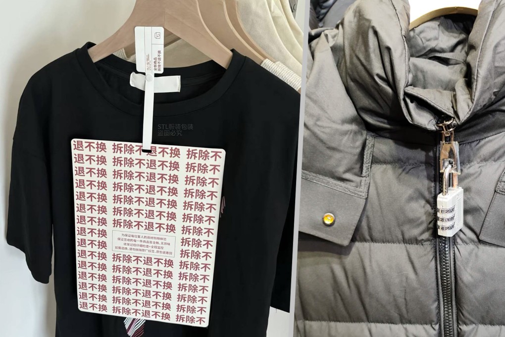 Online shops in China are now attaching big heavy hang tags on clothing and combination locks on zippers to deter customers from buying clothes simply to wear them for a few days before returning them. Photo: RedNote/Sina