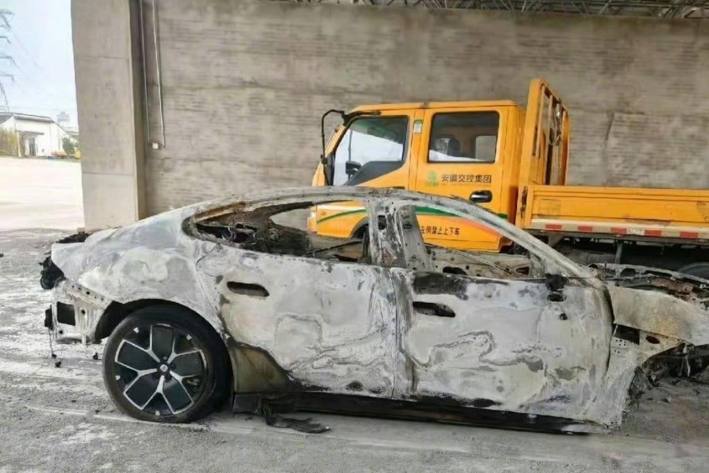 A driver was killed when his Xiaomi vehicle caught fire following a high-speed crash in Chengdu. Photo: Weibo