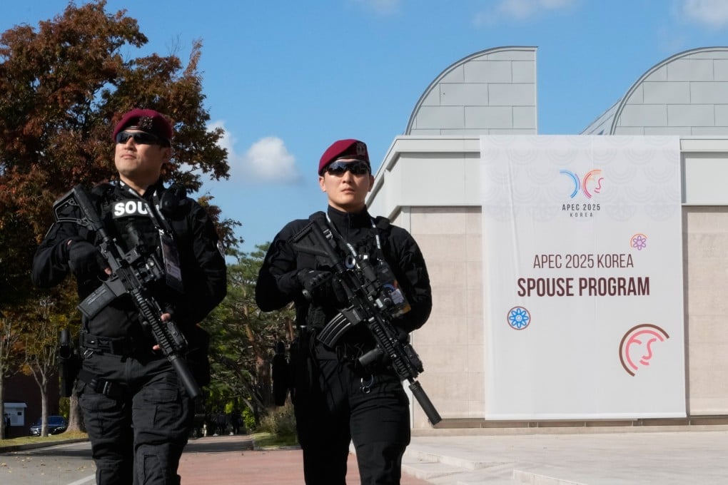 South Korean police officers patrol near the Apec summit venue in Gyeongju on October 31. Photo: AP
