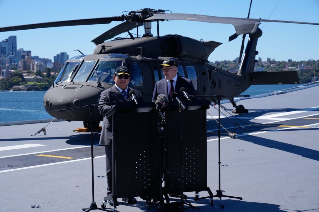 Indonesian President Prabowo Subianto (left) and Australian Prime Minister Anthony Albanese hold a press briefing at a naval base in Sydney on Wednesday. Photo: AP