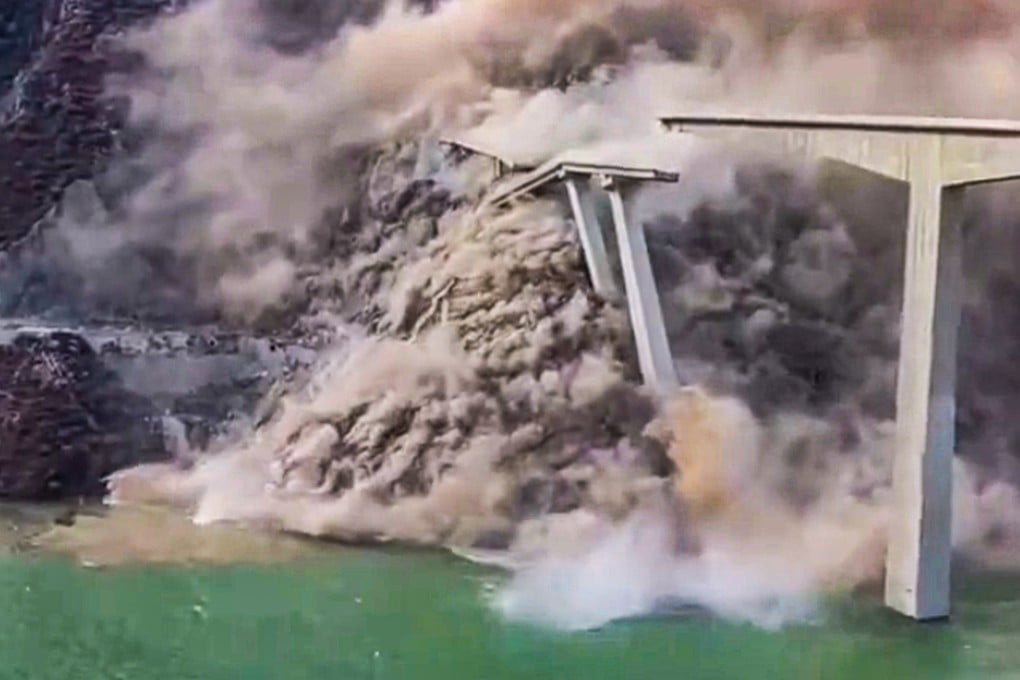 Videos circulating on social media show part of the Shuangjiangkou Hongqi Bridge in Sichuan province giving way. Photo: Handout