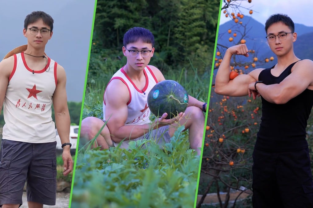 A 28-year-old man in China has been nicknamed “the most handsome village cadre” after videos featuring him flaunting his muscles to promote local agricultural products went viral. Photo: SCMP composite/RedNote