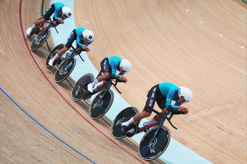 The Hong Kong men’s team pursuit quartet on the way to recording a time that narrowly missed quarter-final qualification. Photo: Elson Li