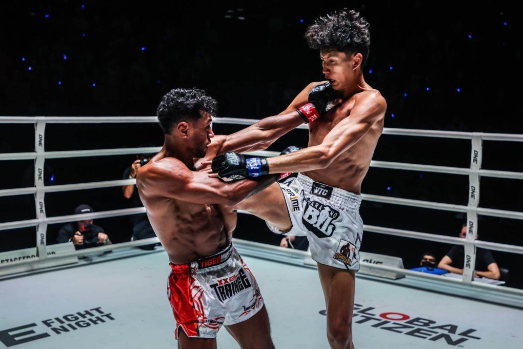 Thai-Algerian Nabil Anane (right), seen here against Brazil’s Felipe Lobo. stands 1.93 metres tall and is regarded as one of the most gifted young talents in world Muay Thai. Photo: ONE Championship