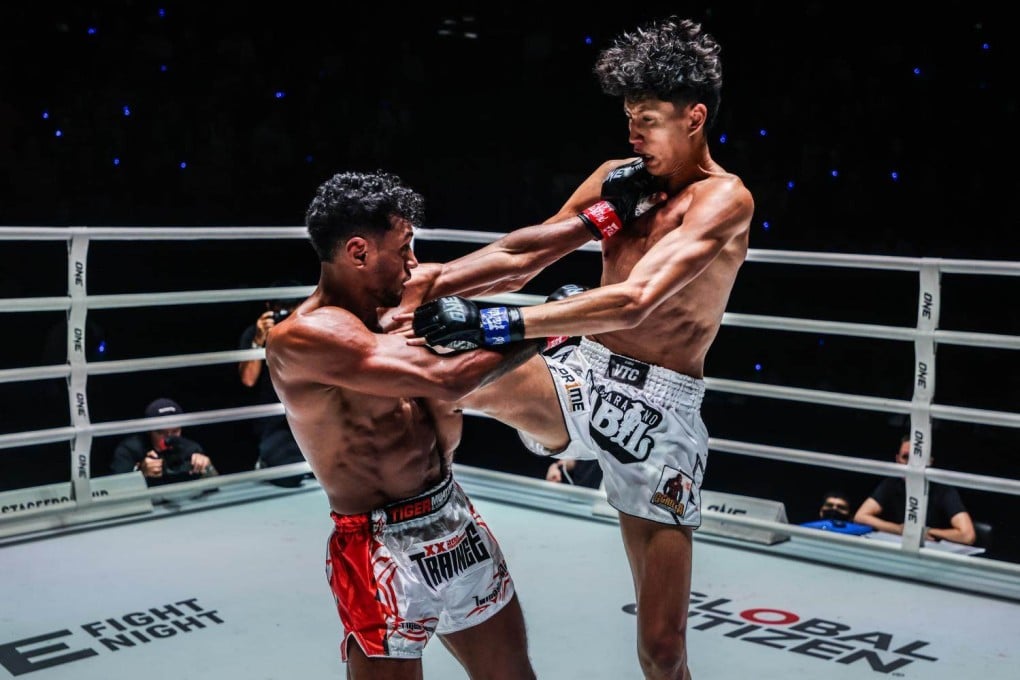 Thai-Algerian Nabil Anane (right), seen here against Brazil’s Felipe Lobo. stands 1.93 metres tall and is regarded as one of the most gifted young talents in world Muay Thai. Photo: ONE Championship
