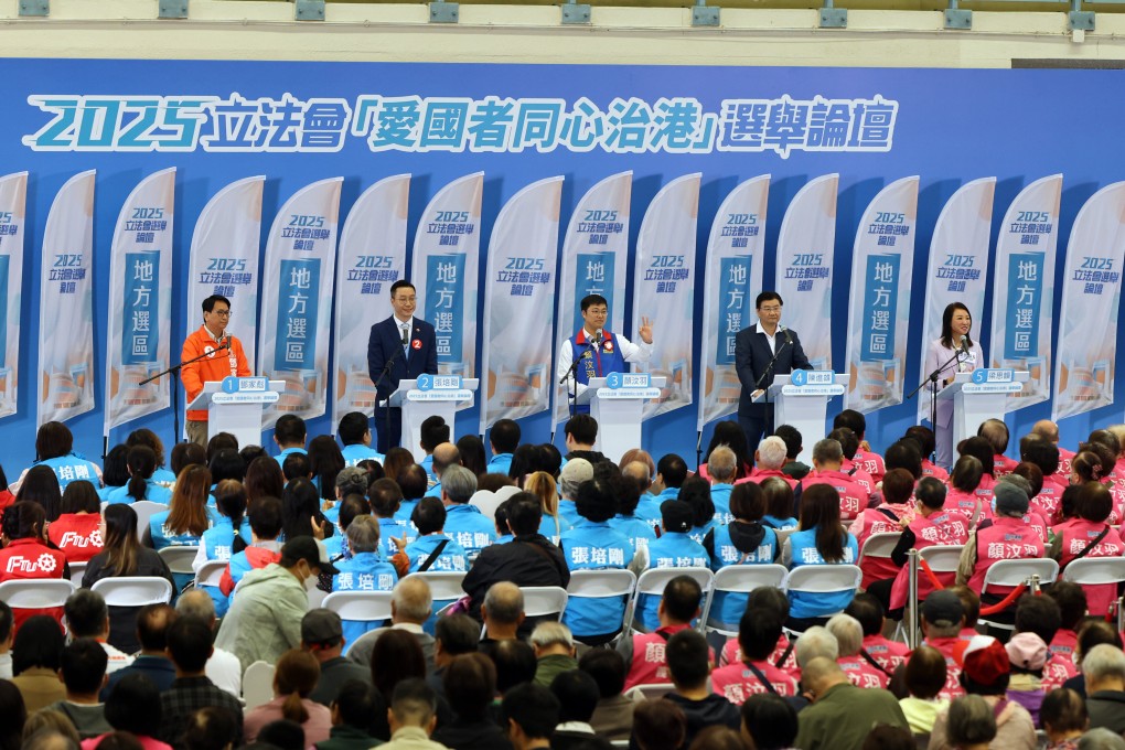 A debate featuring five candidates vying for two seats in the Kowloon East constituency: (from left) Bill Tang; Cheung Pui-kong; Frankie Ngan; Jeffrey Chan; and Leung Sze-wan. Photo:  Nora Tam