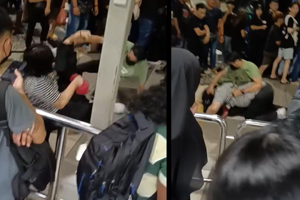 Screenshots from a viral video of two commuters fighting each other near the fenced entrance to the bus bays inside the Customs, Immigration and Quarantine (CIQ) Complex at the Sultan Iskandar Building. Photo: Facebook/Penyulam Aksara
