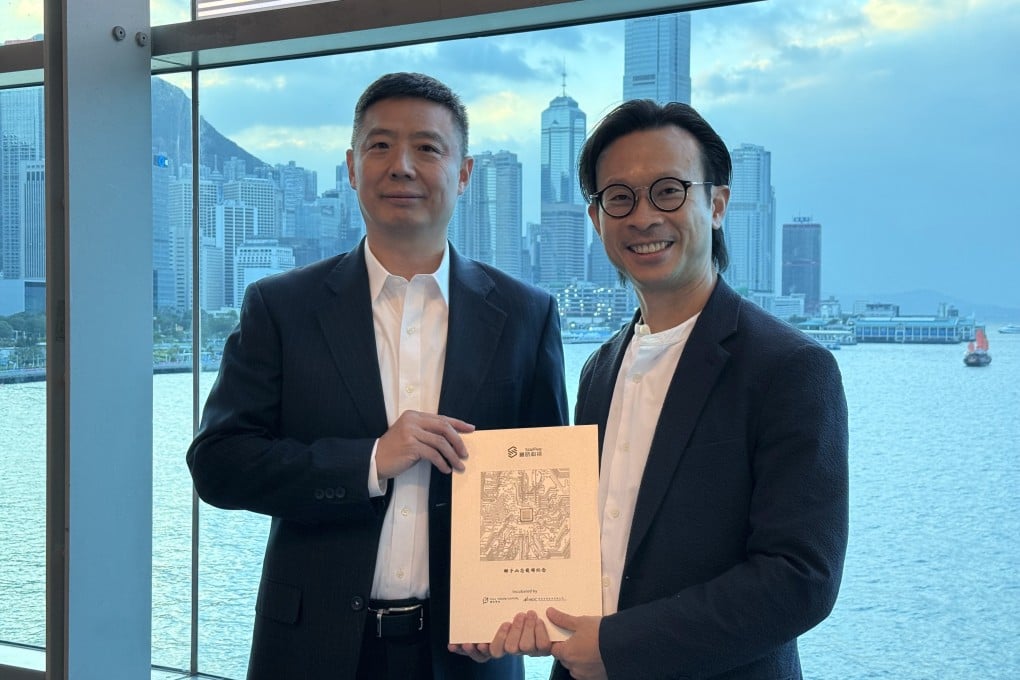 StarFive founder and CEO Thomas Xu (left) and Full Vision Capital managing partner Alan Chan hold a Lion Rock RISC-V chip in Hong Kong on November 14, 2025. Photo: Xinmei Shen