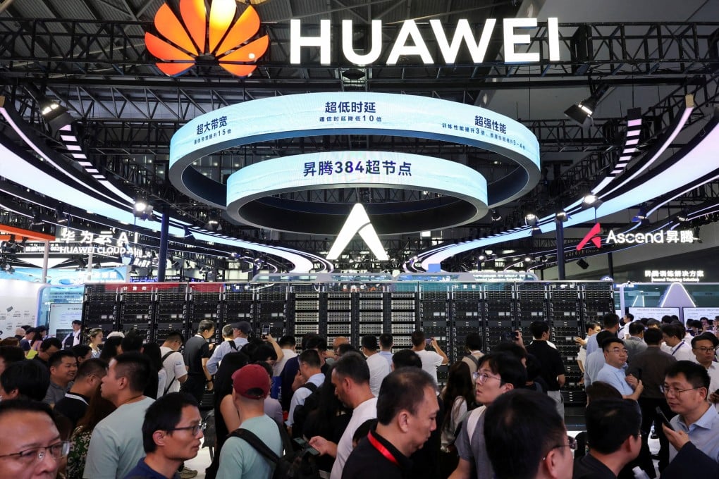 People visit a Huawei booth during the World Artificial Intelligence Conference in Shanghai, China, in July. Photo: Reuters