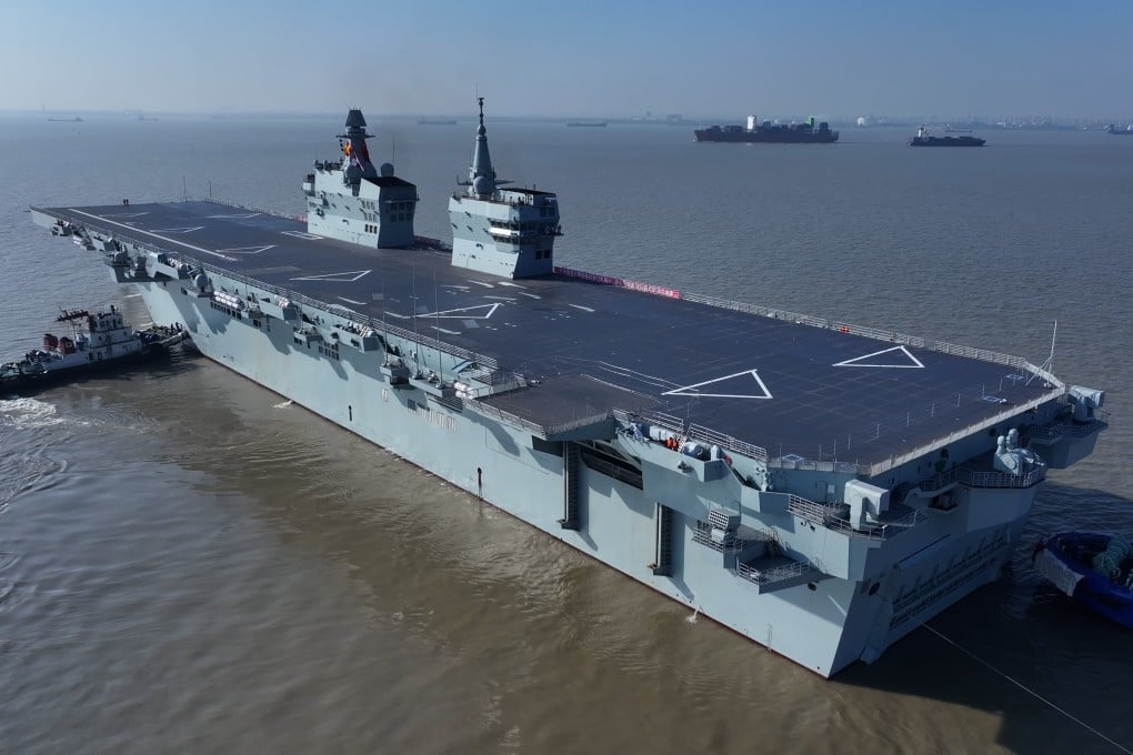 China’s first drone-carrying Type 076 amphibious assault ship, the Sichuan, on its maiden sea trial on Friday. Photo: Xinhua