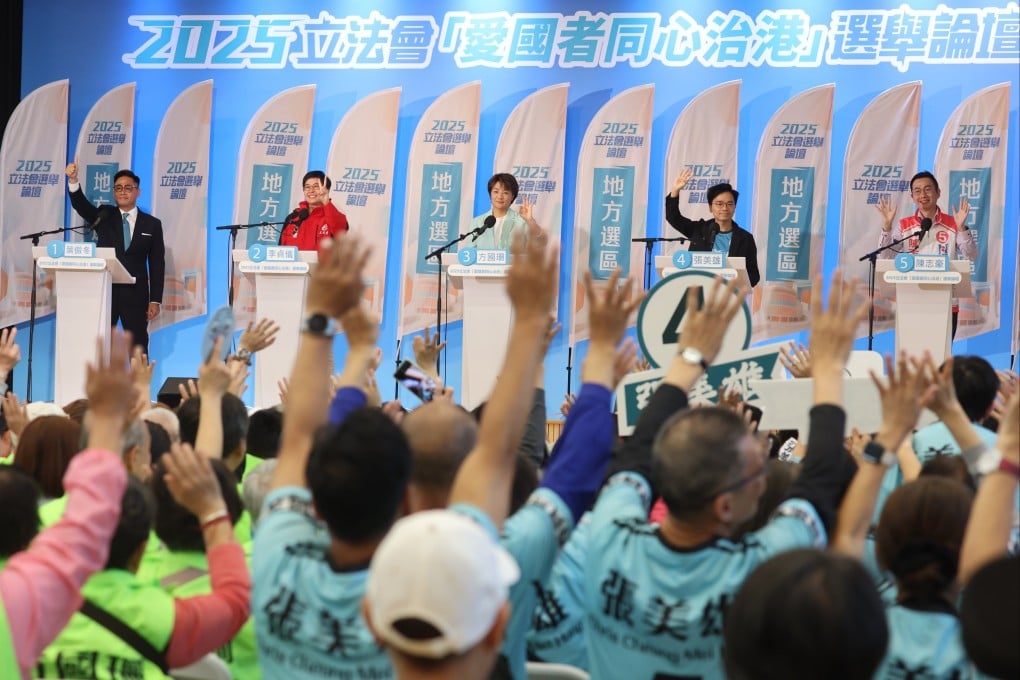 (From left) Candidates Chris Ip, Janet Lee, Christine Fong, Cheung Mei-hung and Chan Chi-ho attend a forum for the New Territories South East constituency. Photo: Edmond So