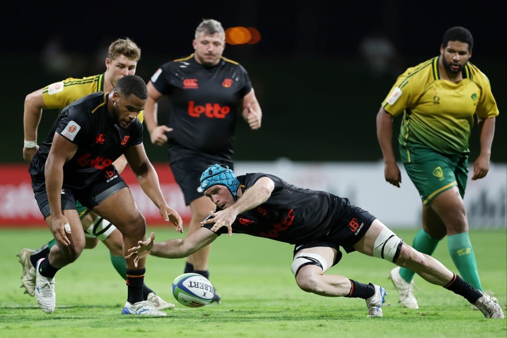 Belgium’s Felipe Geraghty pounces on a loose ball during the Rugby World Cup 2027 final qualification tournament match against Brazil in Dubai on Thursday. Photo: Getty Images