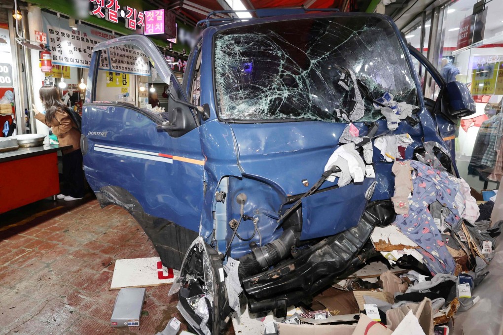 Two people die after a truck crashes into a local market in Bucheon on Thursday. Photo: Yonhap/AFP