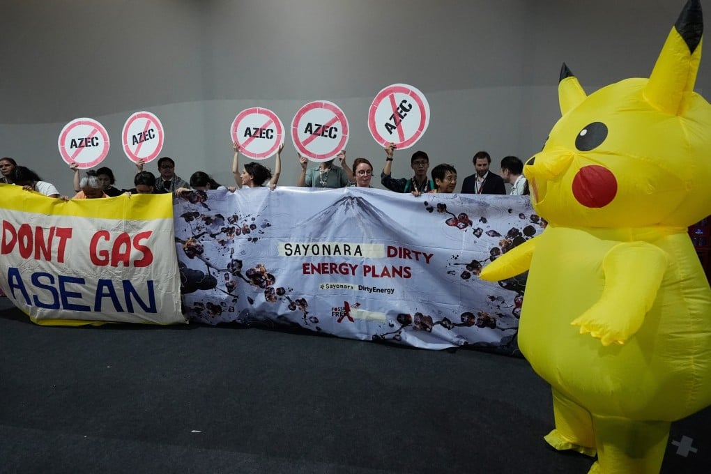 An activist in a Pikachu costume joins the protest against Japan’s financing of coal and natural gas projects during the Cop30 UN climate summit on Friday. Photo: AP
