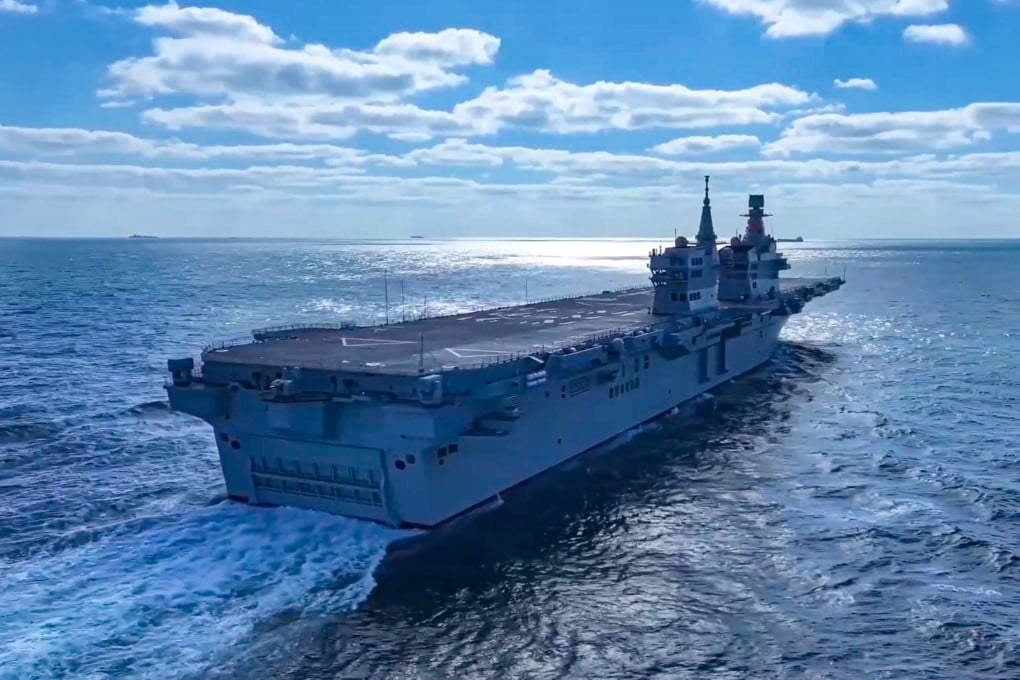 The most notable advanced features of the Sichuan include its electromagnetic catapult system for launching fixed-wing drones and its arresting gear. Photo: CCTV