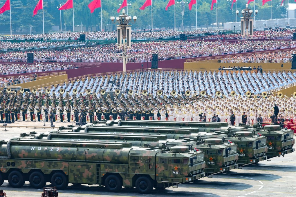Military vehicles transport the PLA’s new HQ-29 anti-aircraft missiles during China’s Victory Day parade, in Beijing on September 3. Photo: China News Service via Getty Images