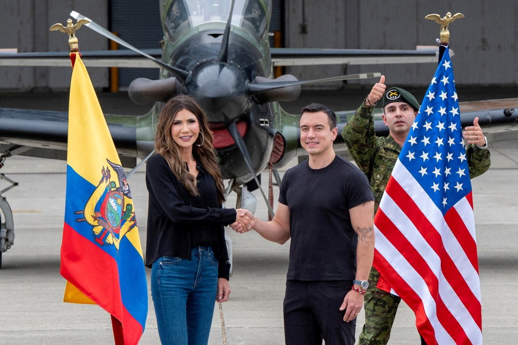 Ecuador’s President Daniel Noboa and US Homeland Security Secretary Kristi Noem visiting an airbase in Manta, Ecuador this month. Photo: Reuters