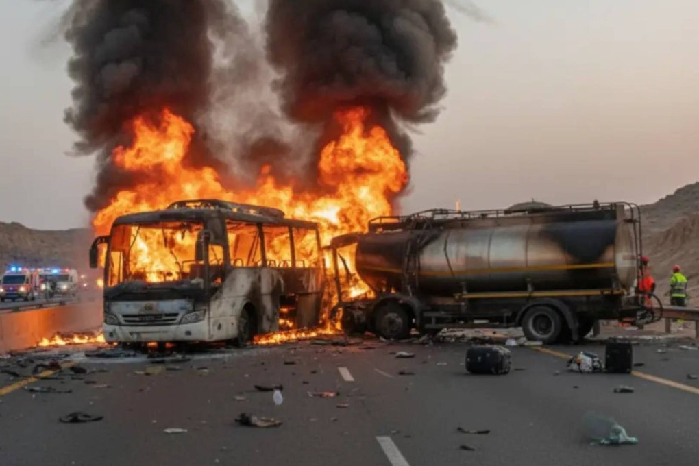 Heart-wrenching scene on Mecca-Medina Highway near Jeddah, as a bus with Indian Umrah pilgrims collides with a tanker truck. Photo: Handout