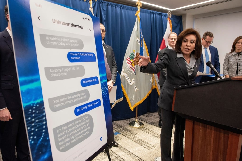 US Attorney Jeanine Pirro points to a text message sent by a scammer as she announces the Scam Centre Strike Force in Washington on Wednesday. Photo: AP
