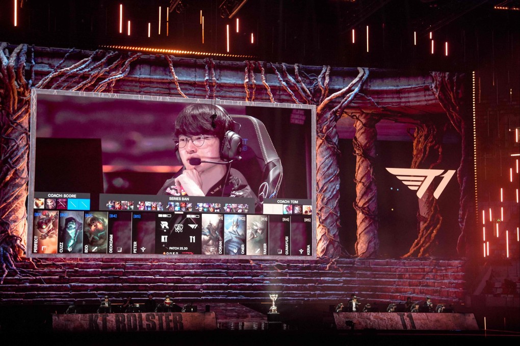 South Korea’s T1 member Faker, or Lee Sang-hyeok, is seen on screen during the final of the League of Legends World Championship in Chengdu, southwestern China’s Sichuan province, on November 9, 2025. Photo: AFP