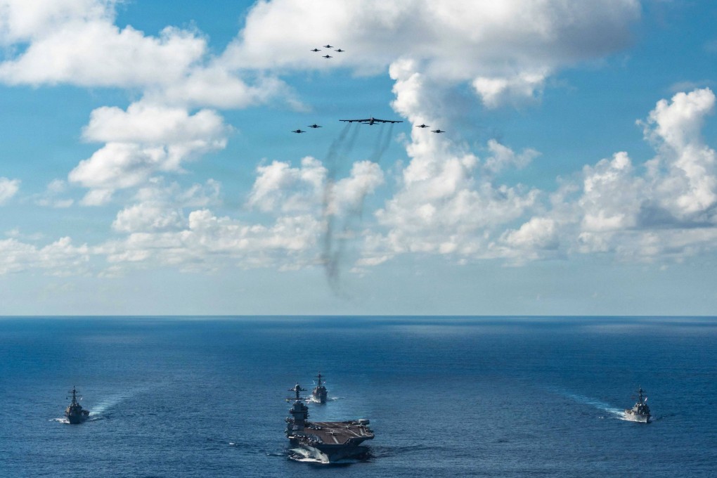 The US Navy’s Gerald R. Ford Carrier Strike Group, including the flagship USS Gerald R. Ford, front at an undisclosed location in the Atlantic Ocean. Photo: AFP / DoD / Petty Officer 3rd Class Gladjimi Balisage