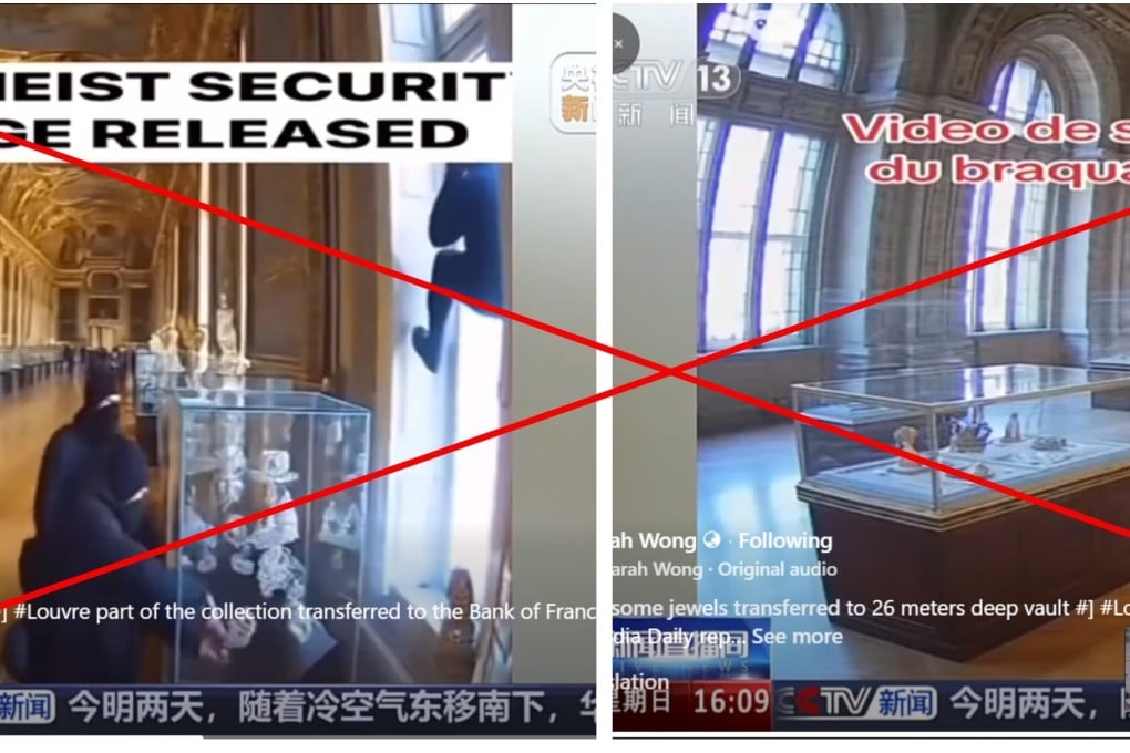 A screenshot of different points in the Facebook reel showing the two fabricated videos of the heist. Photo: Facebook/SCMP Composite
