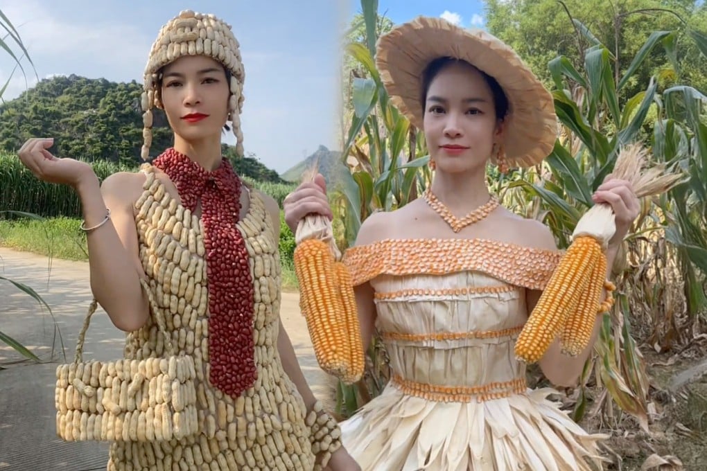 A Chinese woman in a village has gone viral online for her innovative creations, transforming everyday food items into stunning fashion. Photo: Douyin