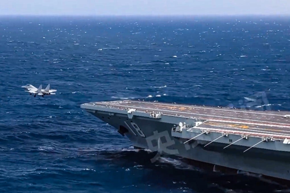 The Fujian practised multiple catapult launches and arrested landings with its ship-based aircraft, according to state media. Photo: CCTV