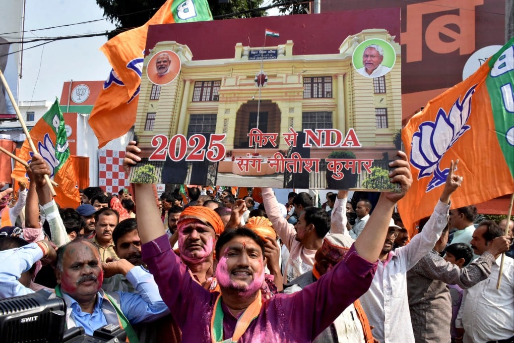 Bharatiya Janata Party supporters celebrate the party’s victory in the Bihar state assembly election results in Patna, India, on Friday. Photo: Reuters