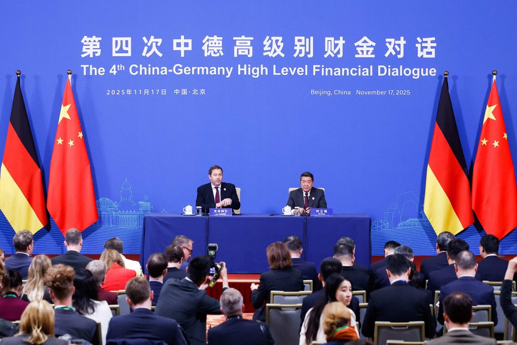 German Finance Minister Lars Klingbeil and Chinese Vice-Premier He Lifeng attend a press conference in Beijing on Monday. Photo: AFP