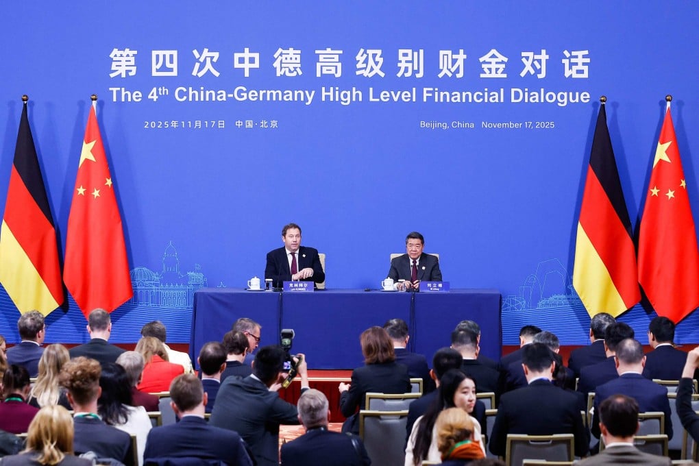 German Finance Minister Lars Klingbeil and Chinese Vice-Premier He Lifeng attend a press conference in Beijing on Monday. Photo: AFP