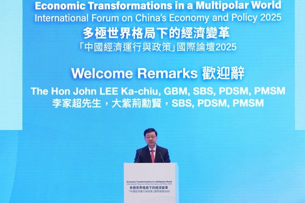 Chief Executive John Lee speaks at an international forum on China’s economy and policy. Photo: Edmond So