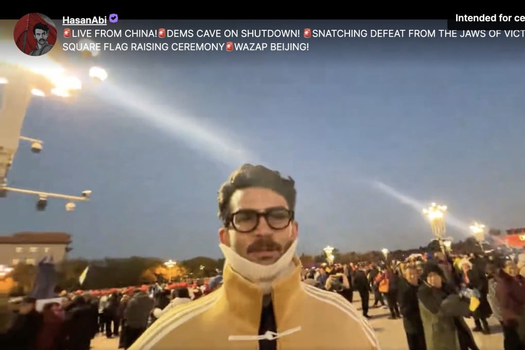 American political commentator and live-streamer Hasan Piker was stopped by a police officer while waiting to watch the daily sunset flag-raising ceremony in Tiananmen Square. Photo: Screenshot from Twitch