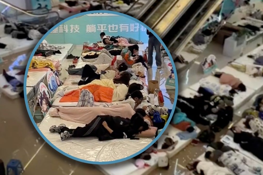 A Chinese man has won a “lying-flat” competition by resting on a mattress for 33 hours and 35 minutes in a shopping centre. Photo: SCMP composite/Douyin
