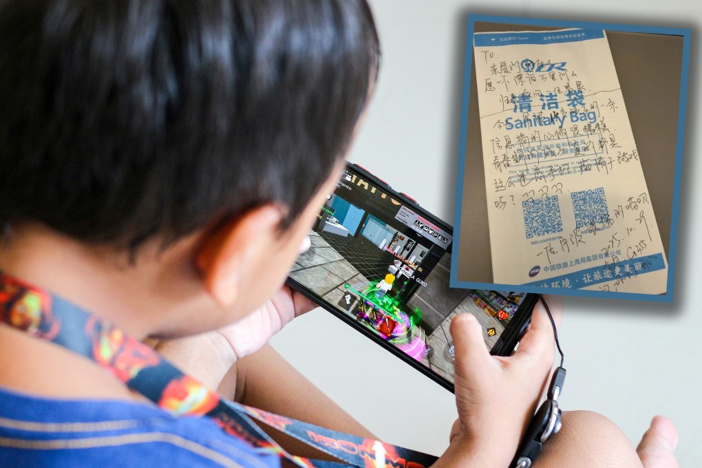 A message from a mother, scribbled on a paper trash bag aboard a high-speed train in China, asking for help for her child’s e-device addiction, prompted an outpouring of support online. Photo: Shutterstock/Weibo