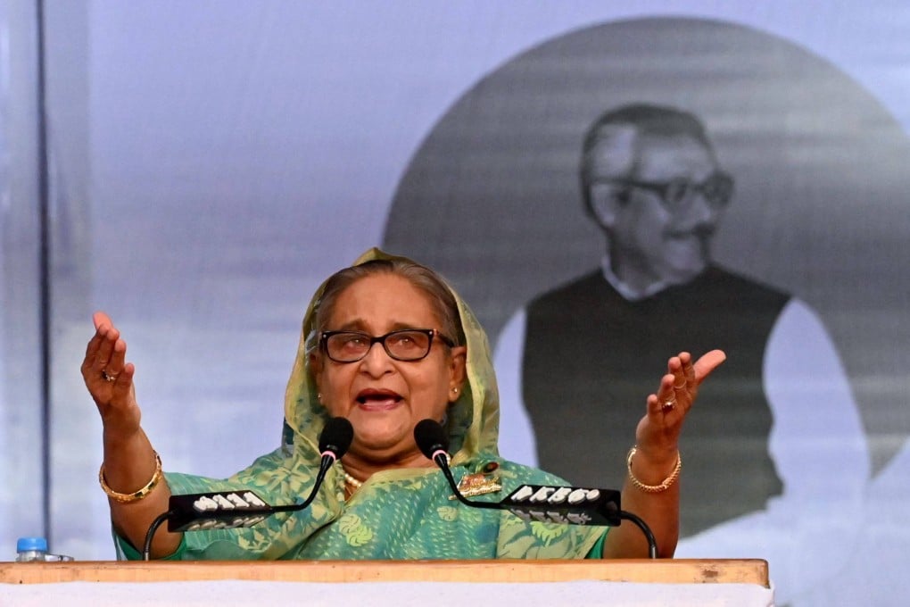 Bangladesh’s Prime Minister Sheikh Hasina addresses a rally during an election campaign in Sylhet in December 2023. Hasina has been sentenced to death for crimes against humanity. Photo: AFP