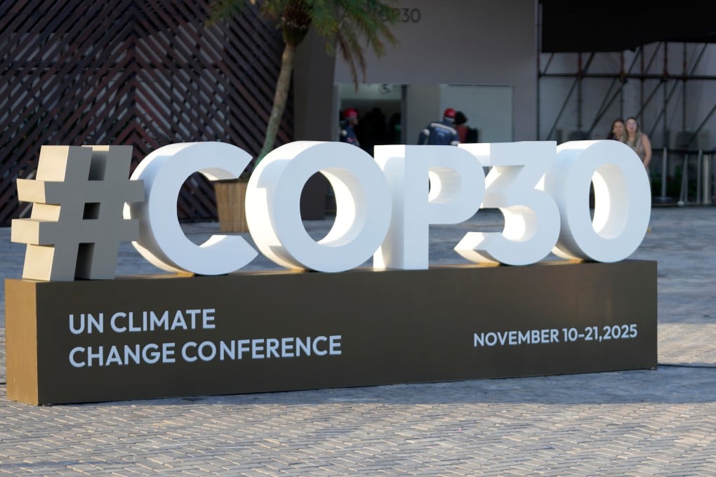 A sign for the Cop30 UN climate summit sits outside of the press centre in Belem, Brazil. Photo: AP