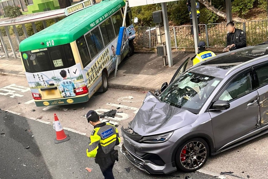 Seven people have been injured after a minibus collided with a car in Hong Kong’s Ma On Shan and then crashed into a bus stop. Photo: Handout