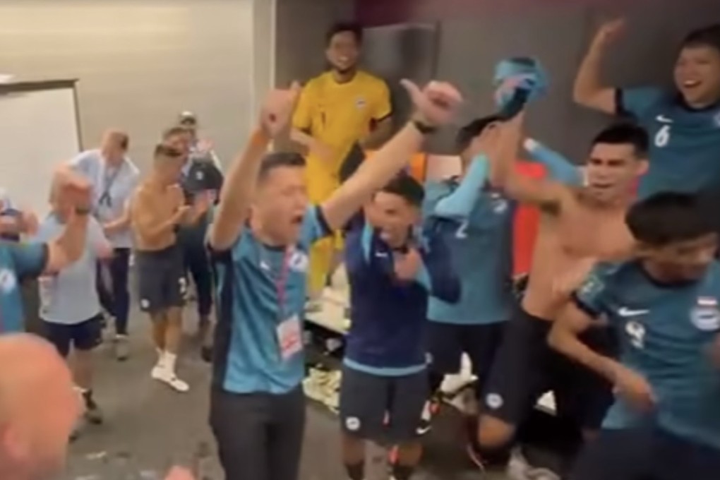Singapore’s Acting Minister for Culture, Community and Youth David Neo speaking to Singapore’s national football team in a locker room after their win over Hong Kong in an Asian Cup qualifier match in Kai Tak Stadium on Tuesday. Photo: Facebook/David Neo