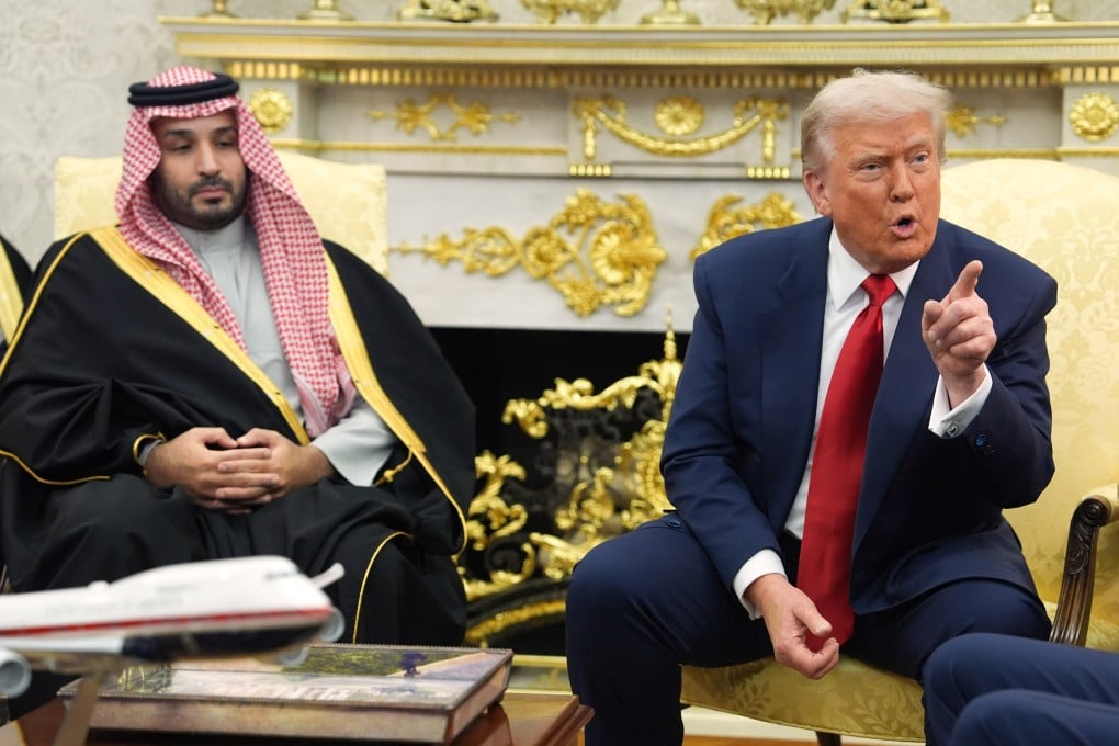 US President Donald Trump points to a reporter as he meets Saudi Arabia’s Crown Prince Mohammed bin Salman in the Oval Office. Photo: AP