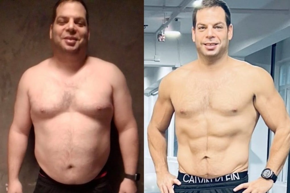 Meir Ben Tovim at 126kg (left) in 2020 and 85kg in June 2021. He describes how he lost 41kg in seven months and now does strength training, running and Hyrox. Photos: Instagram/run_with_me_ir