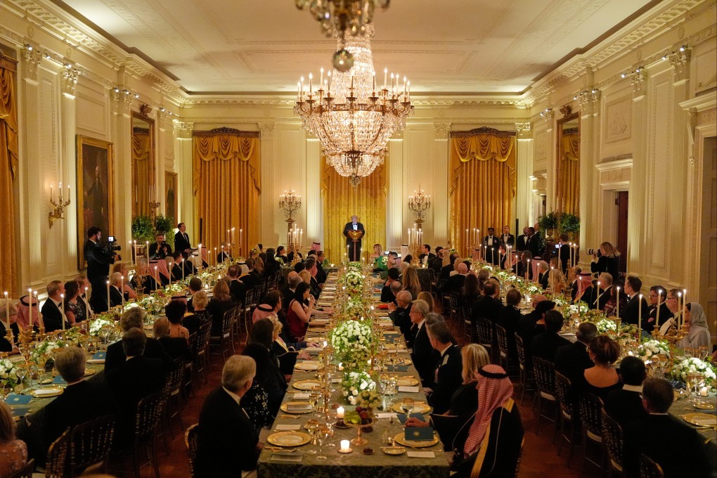 US President Donald Trump speaks during the dinner in the East Room of the White House. Photo: AP
