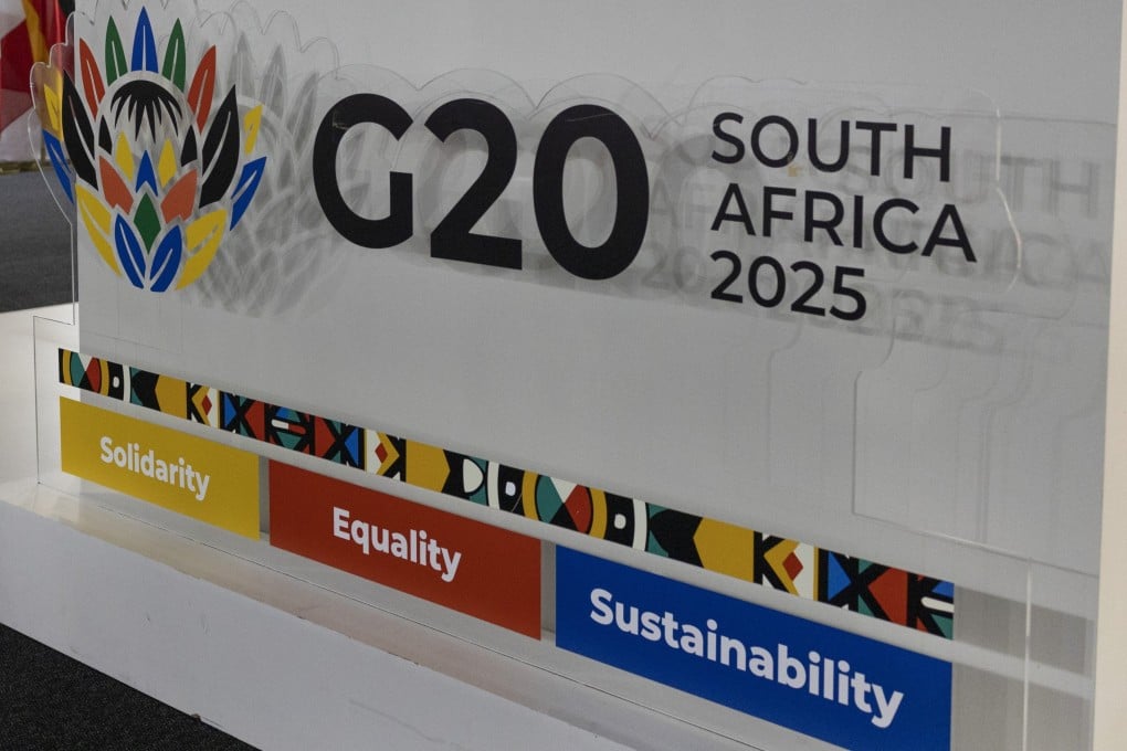 A G20 summit sign is seen at Johannesburg Expo Centre on Monday. Photo: EPA