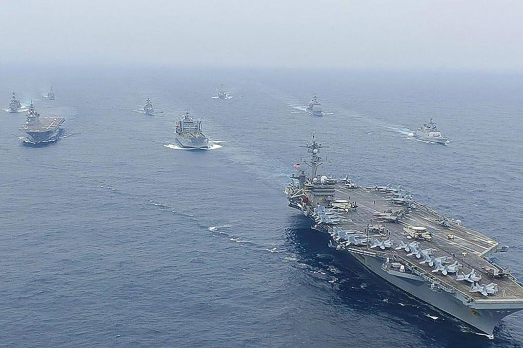 Ships from India, Australia, Japan and the US taking part in the 2020 Malabar naval exercise in the Bay of Bengal in the Indian Ocean. Photo: AFP/Indian Navy