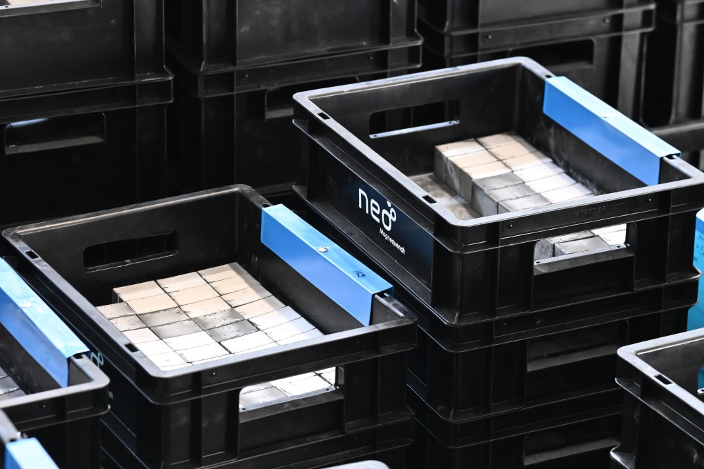 Rare earth magnets produced at a factory in Narva, Estonia, in September. Exports of Chinese rare earth magnets to the EU have fallen for the past two month. Photo: Xinhua