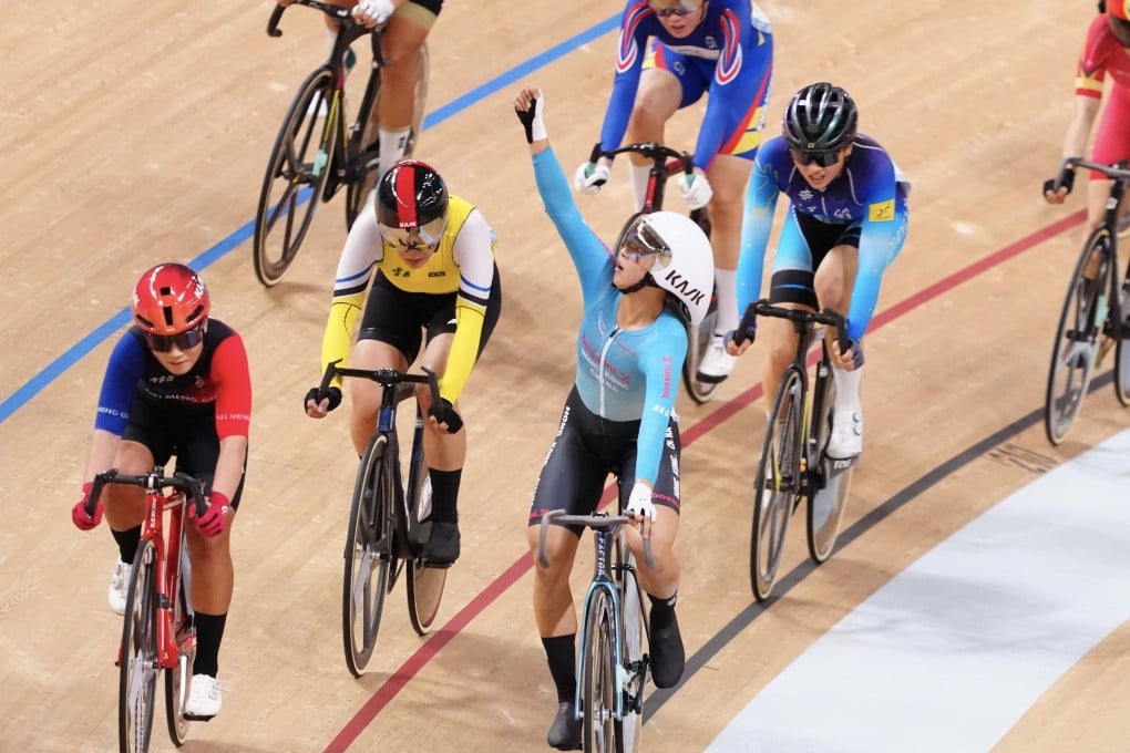 Hong Kong’s Ceci Lee pumps the air in triumph after winning the omnium for her third gold medal at the National Games. Photo: Karma Lo