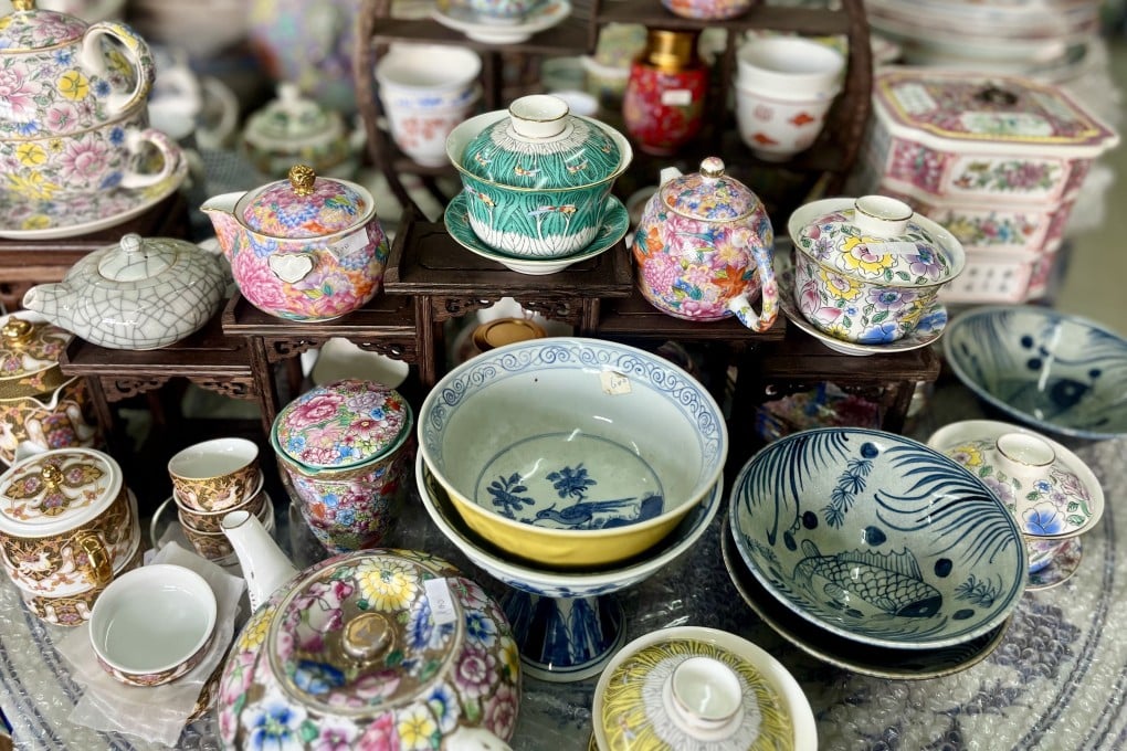 Various porcelain pieces are seen at Yuet Tung China Works, a porcelain factory in Hong Kong’s Kowloon Bay neighbourhood that has shelves stacked from floor to ceiling with plates, bowls tea sets and vases, many bursting with traditional motifs such as flowers, dragons, phoenixes and carp. Photo: Kylie Knott