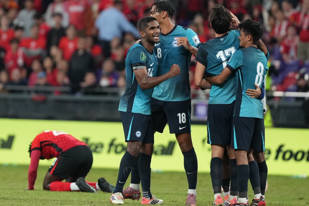 Singapore’s players celebrate for their victory after the Asian Cup 2027 Qualifiers match against Hong Kong at Kai Tak Stadium. Photo: Sam Tsang