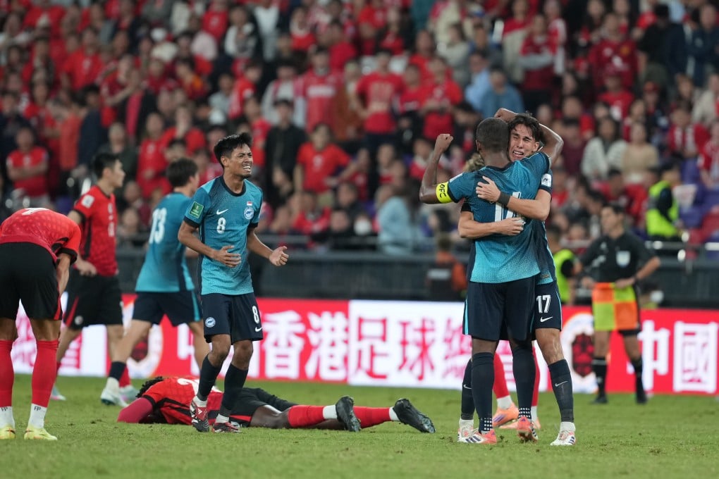 Singapore’s players celebrate their win over Hong Kong in the Asian Cup qualifiers at Kai Tak Stadium on Tuesday. Photo: Sam Tsang